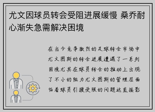 尤文因球员转会受阻进展缓慢 桑乔耐心渐失急需解决困境
